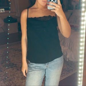 black satin cami with lace trim